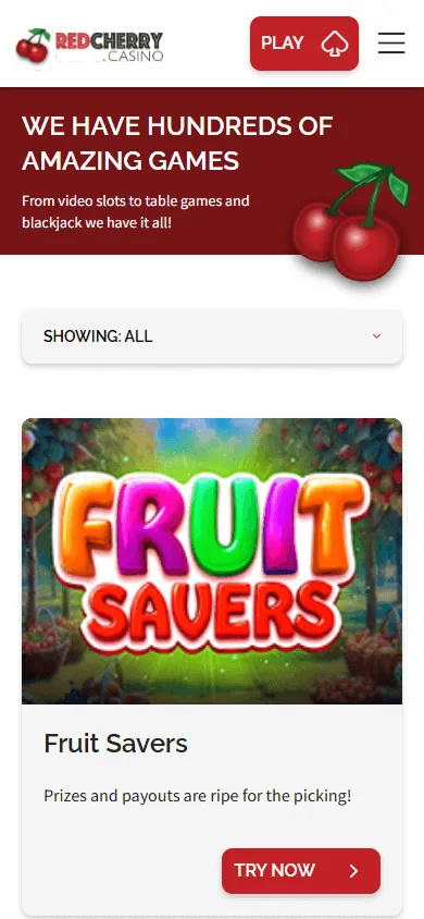 Red Cherry Casino games lobby on a mobile device
